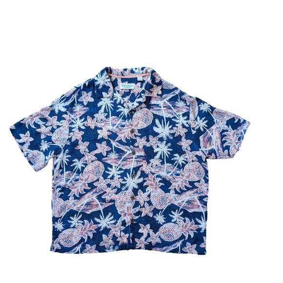 Caribbean Silk Rayon Blend Floral Men's Hawaiian Shirt Blue And Pink Sz L - Picture 1 of 7